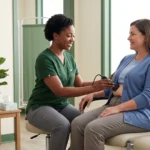 A healthcare provider performing a noninvasive liver scan on a relaxed patient in a bright clinic room.