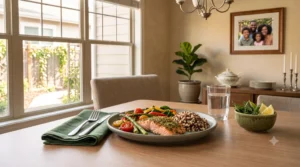 A simple, balanced meal representing healthy appetite regulation supported by GLP-1 therapy.