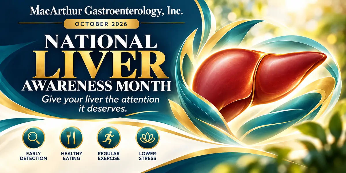 National Liver Awareness Month October 2026 banner from MacArthur Gastroenterology: early detection, healthy eating, regular exercise, lower stress